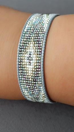 szaro-srebrna bransoletka tkana na krośnie z koralików miyuki  w stylu boho