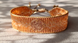 Złota bransoletka tkana z koralików Miyuki z rozetą - Orienta Green